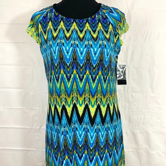 Ronni Nicole Blue/Green/Yellow Geometric Print Cap Sleeve Sheath Dress Size 6 - Picture 2 of 12
